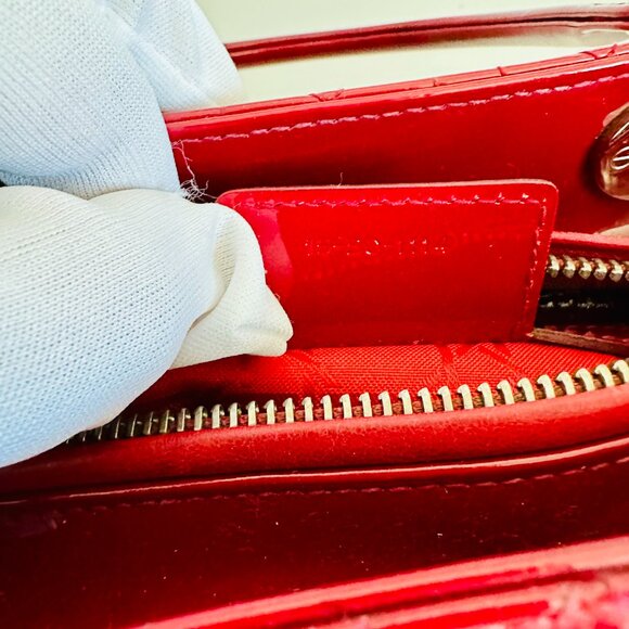 CHRISTIAN DIOR TWO-WAY LADY DIOR PATENT LEATHER TOTE SHOULDER BAG RED - Picture 15 of 16